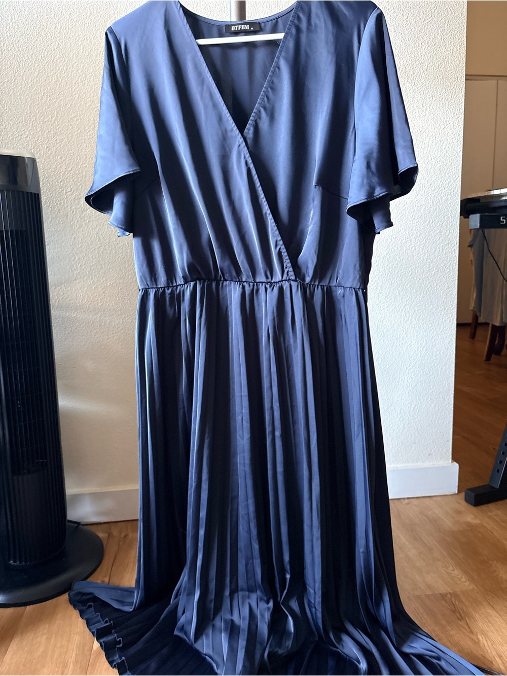 BTFBM Navy Blue Satin Pleated Wrap Midi Dress Size XL